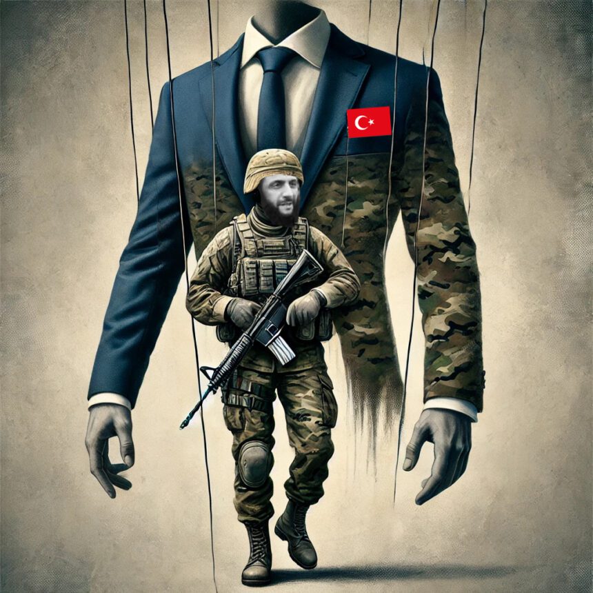 DALL·E 2025-01-09 16.21.02 - A symbolic and artistic illustration featuring a man wearing a formal suit over a visible military uniform underneath. The man appears disheveled, wit copy - برفيلكس - brieflex خاص :"المؤتمر الوطني" في مهب الريح: صراعات بين الجولاني وفهيم عيسى تُشعل الخلافات - برفيلكس - brieflex