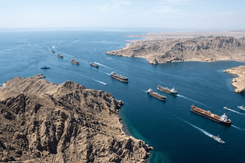 Aerial view of a narrow sea channel with numerous cargo ships sailing in a convoy along rocky desert coastline under a clear blue sky. - برفيلكس - brieflex