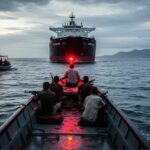 Small boats with people approach a large ship on a choppy sea at dusk, red lights reflecting on the water. - برفيلكس - brieflex