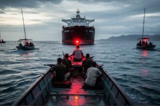 Small boats with people approach a large ship on a choppy sea at dusk, red lights reflecting on the water.