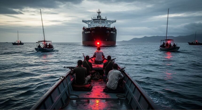 Small boats with people approach a large ship on a choppy sea at dusk, red lights reflecting on the water. - برفيلكس - brieflex