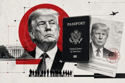 Collage of a stern Trump portrait with a U.S. passport, a dollar bill, the White House, a plane, and a line of travelers—commenting on travel/border policy.