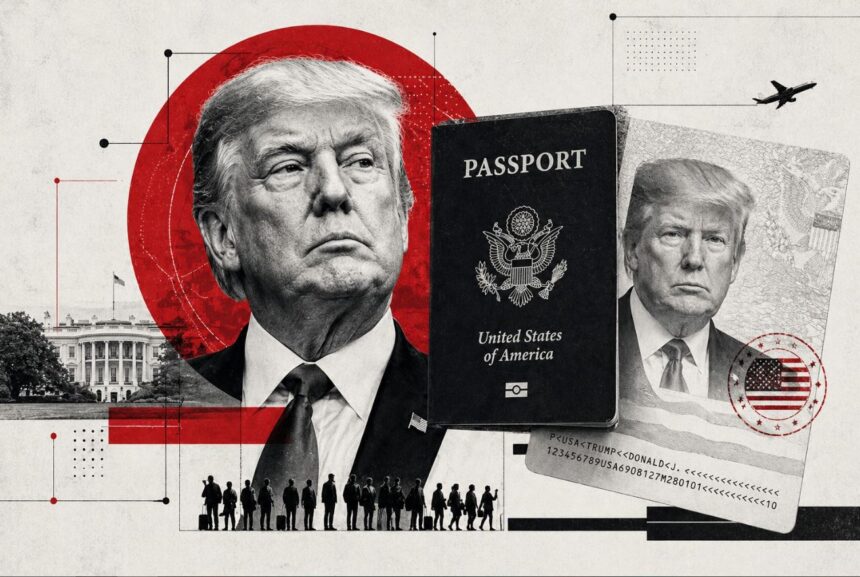 Collage of a stern Trump portrait with a U.S. passport, a dollar bill, the White House, a plane, and a line of travelers—commenting on travel/border policy. - برفيلكس - brieflex