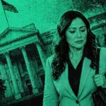 Woman in a blazer carrying a shoulder bag walks past a neoclassical government building with columns, in a teal-toned edit. - برفيلكس - brieflex