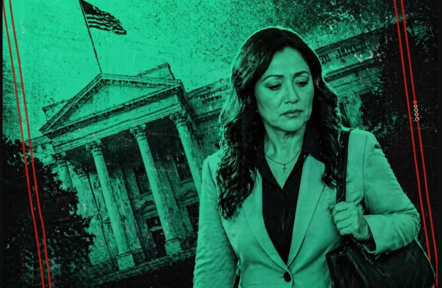 Woman in a blazer carrying a shoulder bag walks past a neoclassical government building with columns, in a teal-toned edit. - برفيلكس - brieflex