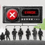 Group of silhouetted people standing under a large error panel with a red X, in a collage-style artwork.