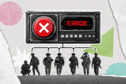 Group of silhouetted people standing under a large error panel with a red X, in a collage-style artwork.