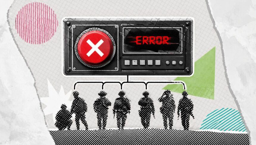 Group of silhouetted people standing under a large error panel with a red X, in a collage-style artwork.