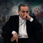 Man in a black suit sits in a chair, holding glasses to his mouth, with a backdrop showing a world map, Moscow landmarks, and flags. - برفيلكس - brieflex