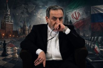 Man in a black suit sits in a chair, holding glasses to his mouth, with a backdrop showing a world map, Moscow landmarks, and flags.