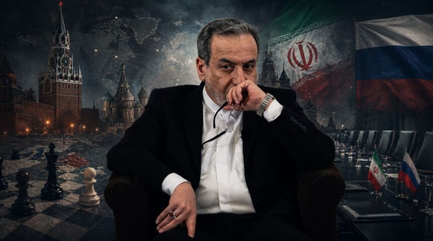 Man in a black suit sits in a chair, holding glasses to his mouth, with a backdrop showing a world map, Moscow landmarks, and flags. - برفيلكس - brieflex