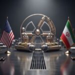 Conference table with USA and Iran flags facing a large metallic device, suggesting nuclear negotiations or diplomacy center stage. - برفيلكس - brieflex