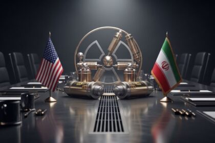 Conference table with USA and Iran flags facing a large metallic device, suggesting nuclear negotiations or diplomacy center stage.