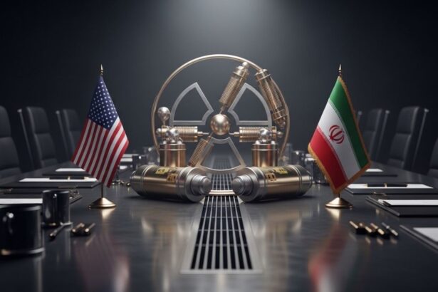 Conference table with USA and Iran flags facing a large metallic device, suggesting nuclear negotiations or diplomacy center stage. - برفيلكس - brieflex