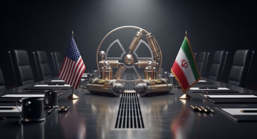 Conference table with USA and Iran flags facing a large metallic device, suggesting nuclear negotiations or diplomacy center stage.