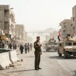 Military checkpoint in a dusty urban street with soldiers, sandbags, and armored vehicles; civilians walk past under damaged buildings, Iraqi flags visible in the convoy.