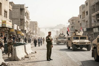 Military checkpoint in a dusty urban street with soldiers, sandbags, and armored vehicles; civilians walk past under damaged buildings, Iraqi flags visible in the convoy.