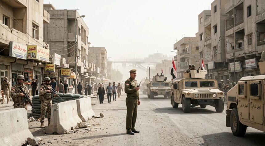 Military checkpoint in a dusty urban street with soldiers, sandbags, and armored vehicles; civilians walk past under damaged buildings, Iraqi flags visible in the convoy.