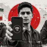 Center man extends a phone toward the viewer while two others look at their phones; a red circular target and tech graphics backdrop with the Iranian flag on the left, implying digital surveillance. - برفيلكس - brieflex
