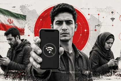 Center man extends a phone toward the viewer while two others look at their phones; a red circular target and tech graphics backdrop with the Iranian flag on the left, implying digital surveillance.