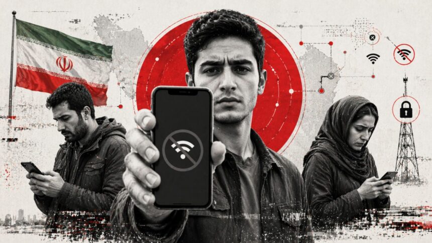 Center man extends a phone toward the viewer while two others look at their phones; a red circular target and tech graphics backdrop with the Iranian flag on the left, implying digital surveillance. - برفيلكس - brieflex