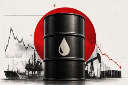 Large black oil barrel with a white droplet symbol in the foreground; oil rigs, a ship, and stacked barrels appear in the background with a red downward-trending graph, implying falling oil prices or markets.