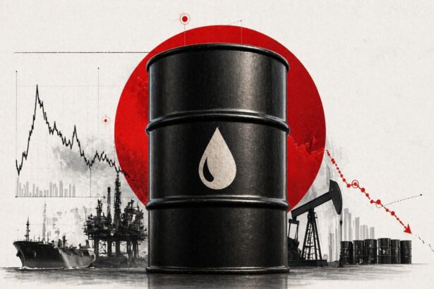 Large black oil barrel with a white droplet symbol in the foreground; oil rigs, a ship, and stacked barrels appear in the background with a red downward-trending graph, implying falling oil prices or markets. - برفيلكس - brieflex