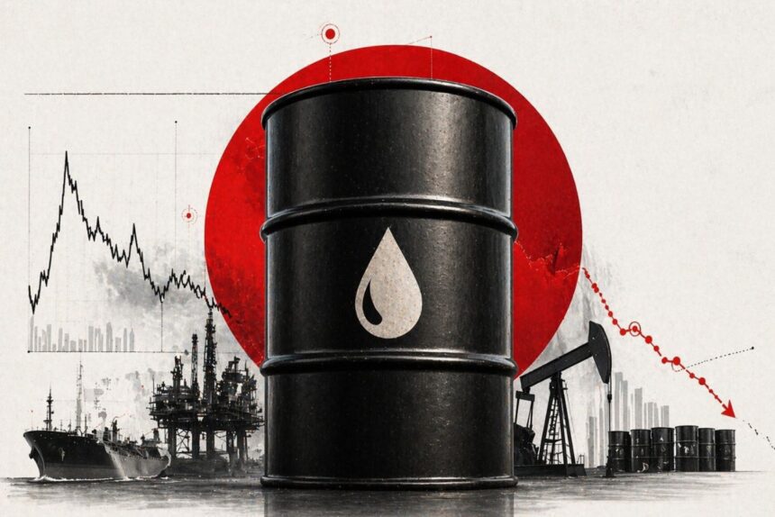 Large black oil barrel with a white droplet symbol in the foreground; oil rigs, a ship, and stacked barrels appear in the background with a red downward-trending graph, implying falling oil prices or markets. - برفيلكس - brieflex