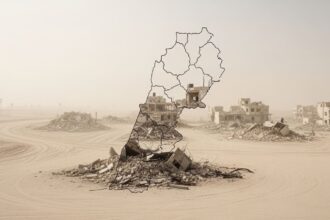 Desert ruin with collapsed buildings; a dark country map outline is superimposed over the foreground.
