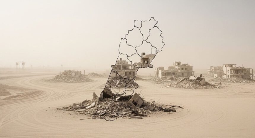 Desert ruin with collapsed buildings; a dark country map outline is superimposed over the foreground.