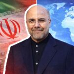 Smiling man in a dark suit, split background with Iran flag on the left and a blue world map on the right. - برفيلكس - brieflex