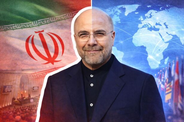 Smiling man in a dark suit, split background with Iran flag on the left and a blue world map on the right.