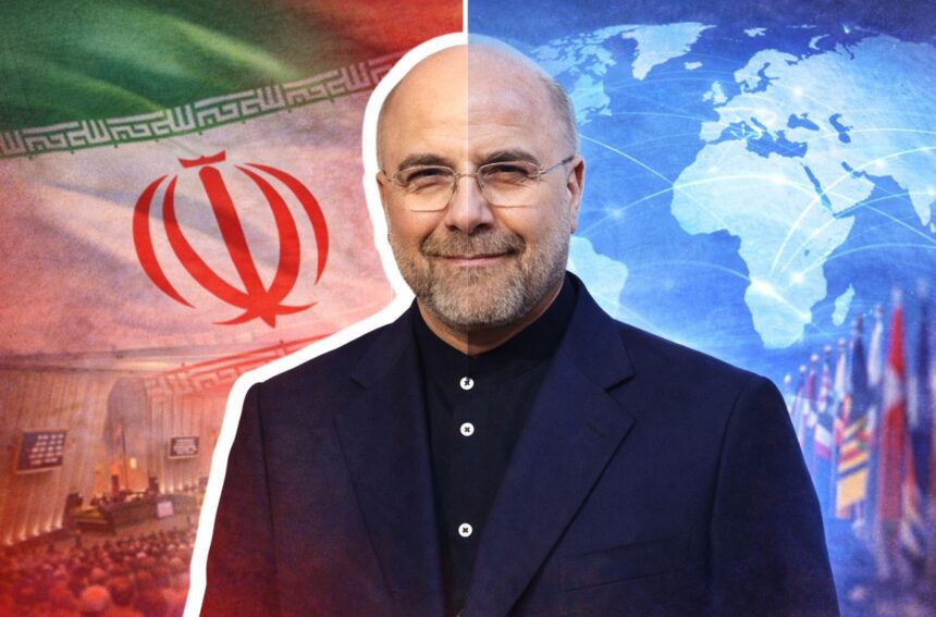 Smiling man in a dark suit, split background with Iran flag on the left and a blue world map on the right. - برفيلكس - brieflex