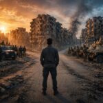 A man stands alone in a rubble-strewn street between ruined buildings, with soldiers and armored vehicles on both sides as the sun sets and smoke rises in the background — a war-torn urban scene. - برفيلكس - brieflex