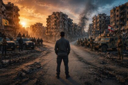 A man stands alone in a rubble-strewn street between ruined buildings, with soldiers and armored vehicles on both sides as the sun sets and smoke rises in the background — a war-torn urban scene.