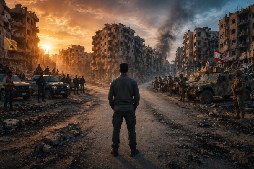 A man stands alone in a rubble-strewn street between ruined buildings, with soldiers and armored vehicles on both sides as the sun sets and smoke rises in the background — a war-torn urban scene. - برفيلكس - brieflex