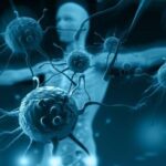 Blue-tinted close-up of neurons with long axons; a researcher silhouette blurred in the background. - برفيلكس - brieflex