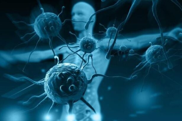 Blue-tinted close-up of neurons with long axons; a researcher silhouette blurred in the background. - برفيلكس - brieflex