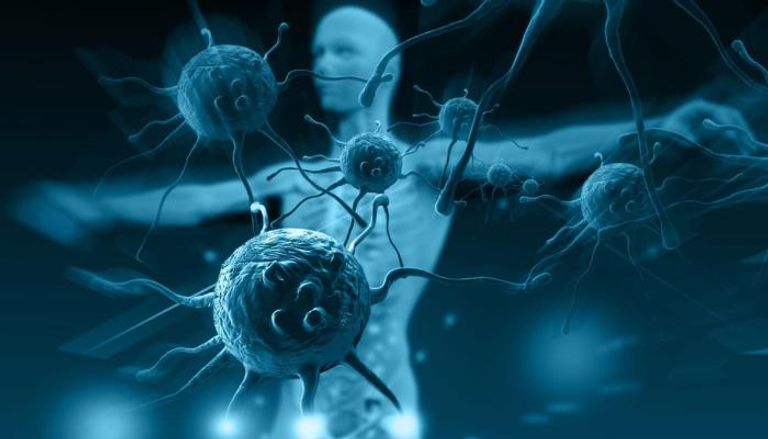 Blue-tinted close-up of neurons with long axons; a researcher silhouette blurred in the background. - برفيلكس - brieflex