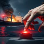 Hand in a camo sleeve presses a glowing red emergency button on a control panel, while a burning ship and smoke rise over the ocean behind.