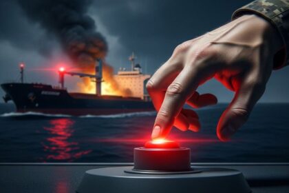 Hand in a camo sleeve presses a glowing red emergency button on a control panel, while a burning ship and smoke rise over the ocean behind.