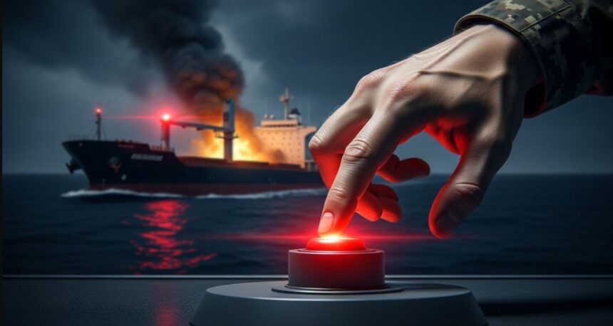 Hand in a camo sleeve presses a glowing red emergency button on a control panel, while a burning ship and smoke rise over the ocean behind.