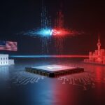 Central processor on a circuit board between a US left side (White House model and US flag) and a Chinese right side (skyline and flag), with a blue-red VS in the middle, symbolizing a tech rivalry. - برفيلكس - brieflex