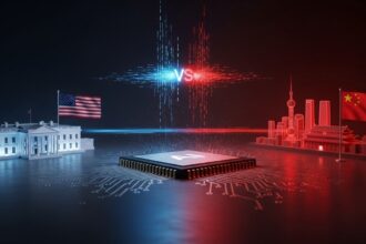 Central processor on a circuit board between a US left side (White House model and US flag) and a Chinese right side (skyline and flag), with a blue-red VS in the middle, symbolizing a tech rivalry.