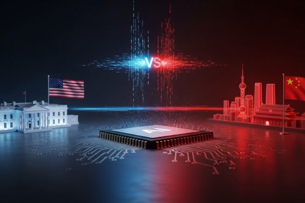 Central processor on a circuit board between a US left side (White House model and US flag) and a Chinese right side (skyline and flag), with a blue-red VS in the middle, symbolizing a tech rivalry. - برفيلكس - brieflex