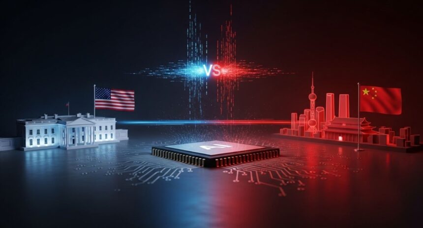 Central processor on a circuit board between a US left side (White House model and US flag) and a Chinese right side (skyline and flag), with a blue-red VS in the middle, symbolizing a tech rivalry. - برفيلكس - brieflex