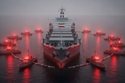 Large cargo ship anchored in calm sea, Iran flag on stern, surrounded by red-lit tugboats.