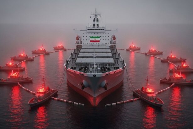 Large cargo ship anchored in calm sea, Iran flag on stern, surrounded by red-lit tugboats. - برفيلكس - brieflex