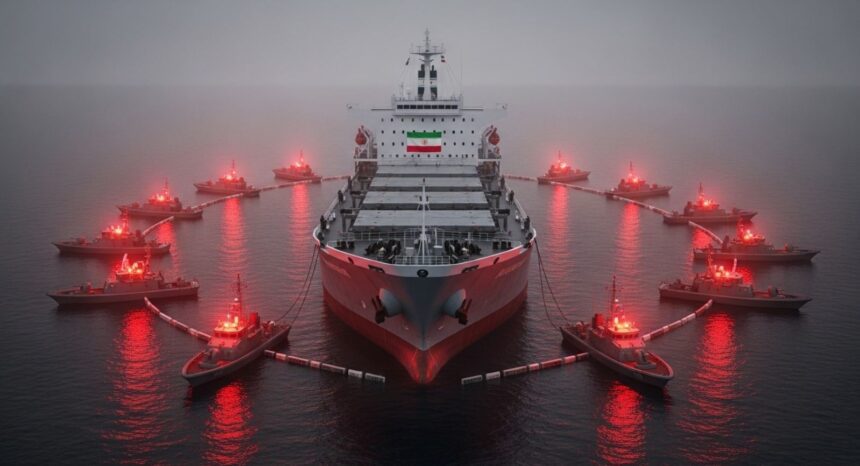 Large cargo ship anchored in calm sea, Iran flag on stern, surrounded by red-lit tugboats. - برفيلكس - brieflex