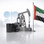 Oil pump jack with stacked black barrels beside a United Arab Emirates flag, illustrating UAE oil industry. - برفيلكس - brieflex